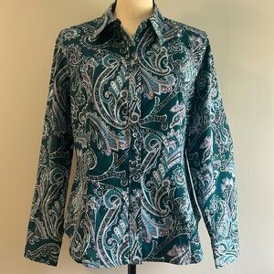 NWOT Talbots Cotton Sateen Blouse in Teal Paisley Print